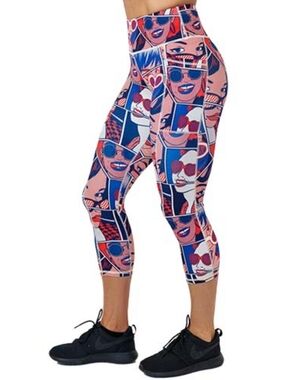 CVG Colorful Pop Art Capri Leggings - Red Blue Gym Workout Athletic Athleisure L